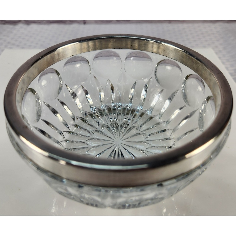 Vtg Crystal Cut Glass Bowl Silver Rim Stamp Western Germany Thumbprint Starburst